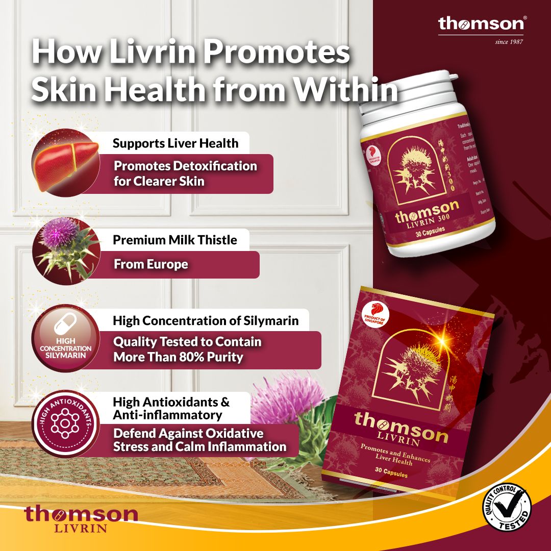 Advertisement for Thomson Livrin supplement highlighting skin health benefits.