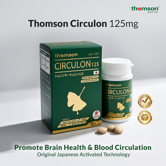 Thomson Circulon 125mg supplement packaging shown on a light gray background, including a dark green box, a white bottle with a green label, three round tablets, and two gold seal badges. Text at the top reads 'Thomson Circulon 125mg' and text at the bottom says 'Promote Brain Health & Blood Circulation'. Quality tested and GMP logo.