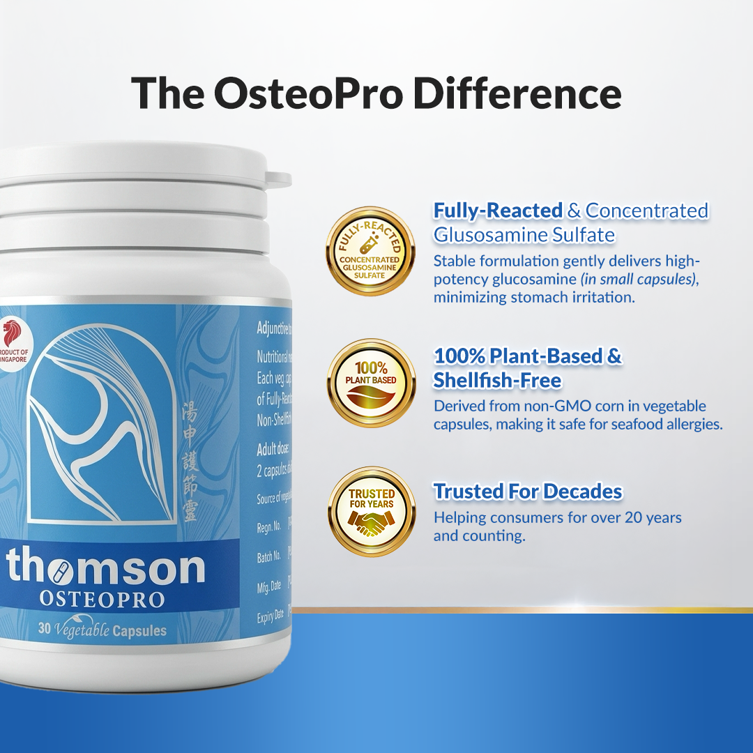 A white supplement jar labeled 'thomson OSTEOPRO' with a blue label, shown beside marketing text and three gold badges on a white-to-blue gradient background. The headline reads 'The OsteoPro Difference. Fully Reacted & Concentrated Glucosamine Sulfate.