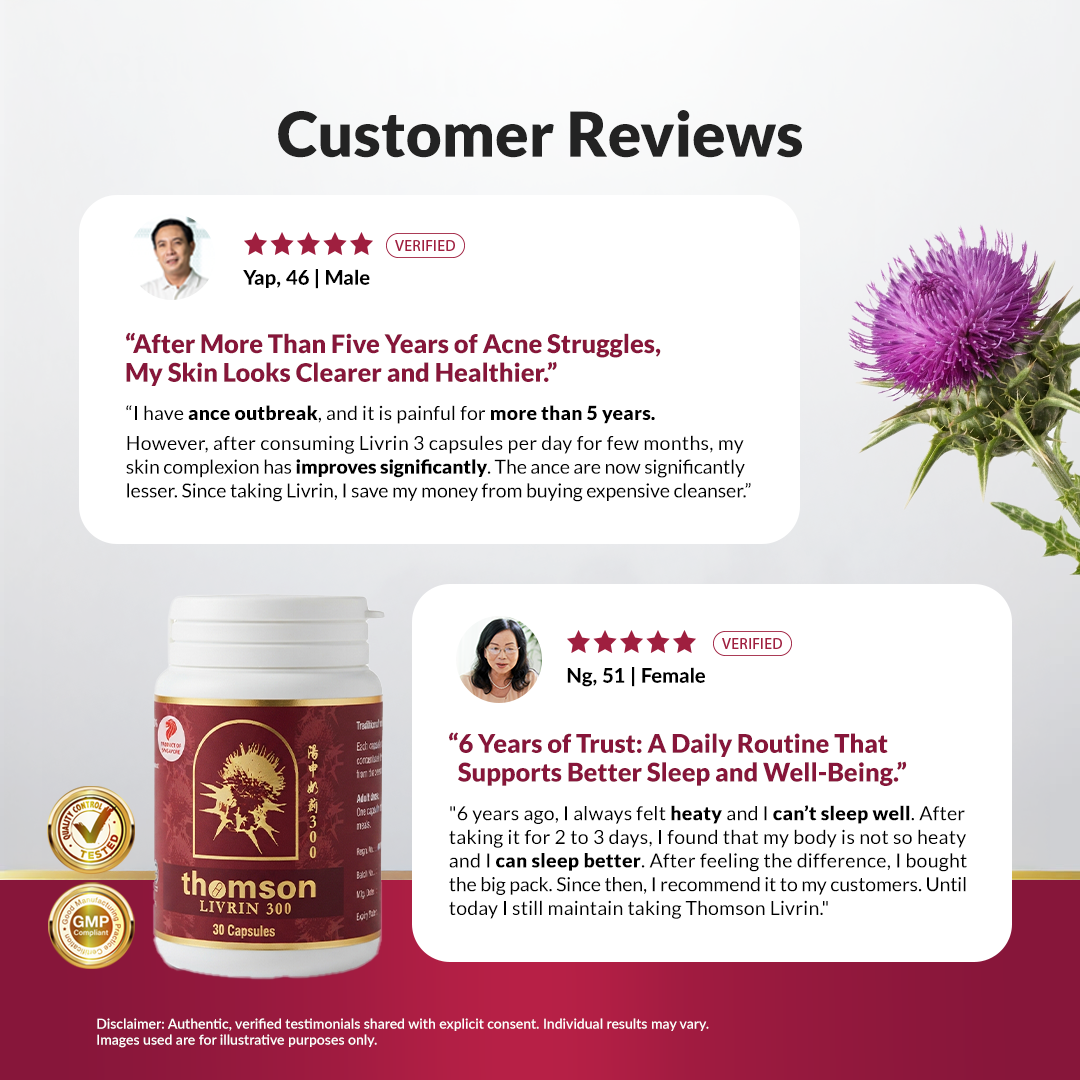 Customer reviews section for Thomson Livrin 300s capsules, showing two verified male and female testimonials with star ratings and a milk thistle herb on the right.