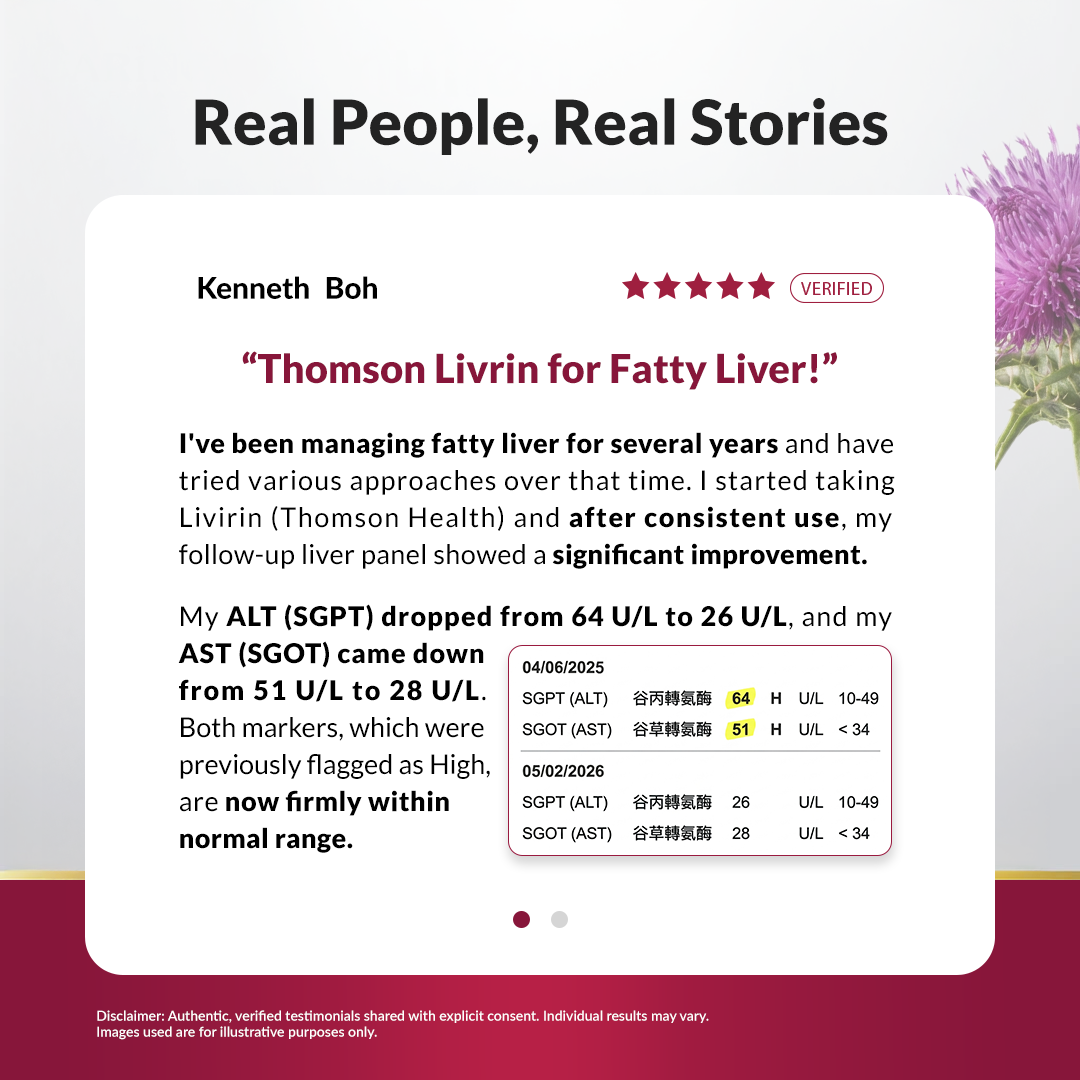 A digital testimonial card for Livirin, featuring a verified review by Kenneth Boh about improving fatty liver markers. The card is set against a dark background with a purple flower illustration in the top right corner.