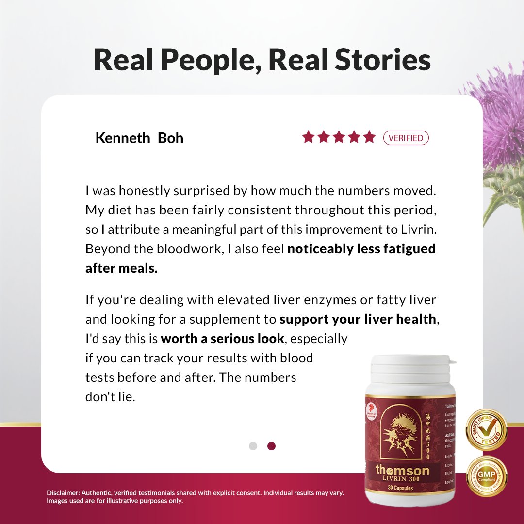 A promotional graphic for Thomson Thistle 500 dietary supplement, featuring a customer testimonial from Kenneth Boh with a 5-star rating, alongside the product bottle and gold quality badges on a white background with milk thistle herb in the corner.